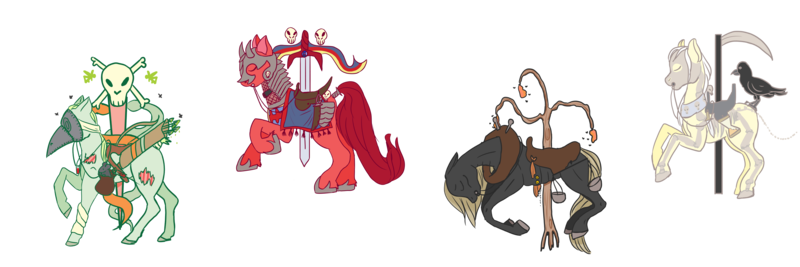 Size: 5000x1667 | Tagged: artist:kiwiscribbles, bird, bone, carousel, derpibooru import, famine, four horsemen of the apocalypse, four horses of the apocalypse, horseman of death, horseman of famine, horseman of pestilence, horseman of war, horse skeleton, mouse, oc, pestilence, plague doctor, plague doctor mask, raven (bird), safe, scythe, simple background, skeleton, skinny, sword, transparent background, unofficial characters only, war, war horse, weapon