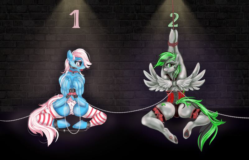 Size: 5244x3383 | Tagged: suggestive, artist:mdwines, derpibooru import, oc, oc:beatrix, oc:nighty, anthro, pegasus, unguligrade anthro, arm behind back, auction, ballgag, bdsm, belt, bondage, bondage mitts, cartoon, chains, chair, christmas, christmas stocking, clothes, collar, commission, corset, costume, cuffs, cute, female, femsub, gag, garters, harness, heart, heart hoof, holiday, leg warmers, male, malesub, panties, prison, rope, slave, solo, spreader bar, submissive, tack, transgender, trans girl, underhoof, underwear, wings, ych result