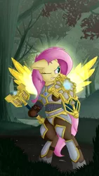 Size: 2160x3840 | Tagged: safe, artist:andelai, derpibooru import, fluttershy, pegasus, pony, semi-anthro, armor, badass, bipedal, fantasy class, female, flutterbadass, knight, mace, mare, one eye closed, paladin, scenery, shield, solo, warcraft, warrior, weapon, wings, world of warcraft