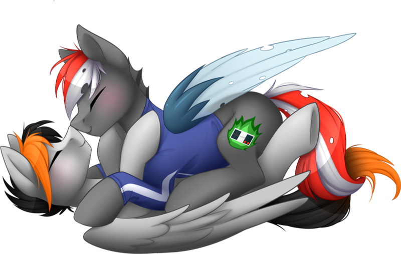 Size: 900x571 | Tagged: safe, artist:scarlet-spectrum, derpibooru import, oc, oc:cdblake, unofficial characters only, changeling, pegasus, pony, changeling hybrid, changeling oc, clothes, commission, digital art, eyes closed, gay, love, lying down, male, oc x oc, shipping, simple background, stallion, transparent background, wings