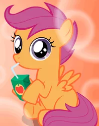 Size: 480x610 | Tagged: safe, artist:jan, derpibooru import, scootaloo, pegasus, pony, apple juice, cropped, cute, cutealoo, drinking through a straw, female, filly, juice, juice box, lens flare, sitting, solo