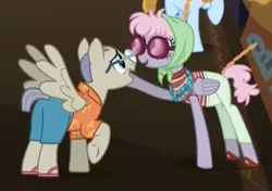 Size: 746x525 | Tagged: safe, derpibooru import, screencap, home stretch, opulence, pacifica, pegasus, pony, viva las pegasus, background pony, clothes, couple, cropped, female, hawaiian shirt, las pegasus resident, male, mare, pants, raised hoof, sandals, scarf, shirt, shorts, spread wings, stallion, sunglasses, tourist, wings