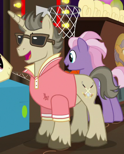 Size: 430x533 | Tagged: safe, derpibooru import, screencap, alpha beta, horseshoe comet, steeplechase, earth pony, pony, unicorn, viva las pegasus, basketball hoop, las pegasus resident, male, polo shirt, solo focus, stallion, waifu machine