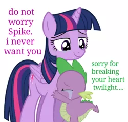 Size: 540x515 | Tagged: abuse, alicorn, crying, cute, derpibooru import, dialogue, engrish, eyes closed, father knows beast, heartbreak, hug, mistranslation, safe, simple background, spike, spikeabuse, tears of joy, twilight sparkle, twilight sparkle (alicorn), white background