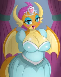 Size: 4314x5500 | Tagged: absurd resolution, anthro, artist:an-tonio, big breasts, breasts, busty smolder, cleavage, clothes, crown, derpibooru import, dragon, dragoness, dragon wings, dress, fangs, female, horns, jewelry, lipstick, makeup, older, older smolder, open mouth, princess smolder, regalia, smolder, solo, solo female, spread wings, stupid sexy smolder, suggestive, what lies beneath, wings