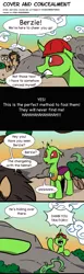 Size: 900x2927 | Tagged: artist:doublewbrothers, artist:pony-berserker, bait and switch, changedling, changeling, changeling hive, comic, derpibooru import, doppleganger, hard hat, hiding, nervous, oc, oc:berzie, oc:doublewbrothers, pointing, ponysona, safe