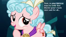 Size: 728x416 | Tagged: safe, derpibooru import, edit, edited screencap, screencap, cozy glow, pegasus, pony, school raze, caption, cropped, doctor who, female, filly, implied doctor whooves, scheming, text, this will end in epic fail
