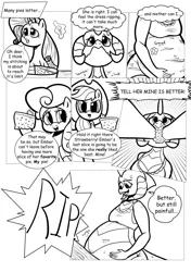 Size: 902x1280 | Tagged: applejack, artist:ahobobo, comic:expanding relations, derpibooru import, dragonlard ember, fanfic art, fat, food, force feeding, grayscale, midriff, monochrome, pie, princess ember, rarity, safe, strawberry sunrise, wardrobe malfunction