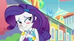 Size: 1920x1080 | Tagged: safe, derpibooru import, screencap, rarity, equestria girls, equestria girls series, rollercoaster of friendship, blushing, cute, geode of shielding, raribetes, smiling, solo