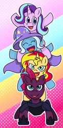 Size: 1024x2073 | Tagged: safe, artist:redpalette, derpibooru import, starlight glimmer, sunset shimmer, tempest shadow, trixie, pony, unicorn, broken horn, happy, pony pile, quartet, smiling, tower of pony