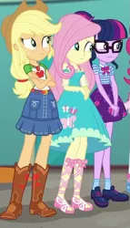 Size: 441x773 | Tagged: safe, derpibooru import, screencap, applejack, fluttershy, sci-twi, twilight sparkle, equestria girls, equestria girls series, rollercoaster of friendship, belt, boots, clothes, cowboy boots, cowboy hat, crossed arms, denim skirt, dress, feet, female, freckles, geode of fauna, geode of super strength, geode of telekinesis, glasses, hat, ponytail, sandals, shoes, skirt, socks, stetson