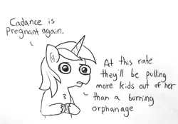 Size: 1280x892 | Tagged: safe, artist:tjpones, derpibooru import, shining armor, pony, unicorn, black and white, bust, chest fluff, dialogue, ear fluff, grayscale, implied pregnancy, implied princess cadance, lineart, male, monochrome, simple background, solo, speech, stallion, traditional art, white background