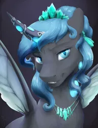 Size: 1020x1320 | Tagged: artist:silfoe, beautiful, blue changeling, blue eyes, bust, changeling, changeling oc, changeling queen, changeling queen oc, derpibooru import, digital art, fangs, female, horn, jewelry, looking at you, oc, oc:queen polistae, portrait, pretty, queen, safe, solo, unofficial characters only, wings