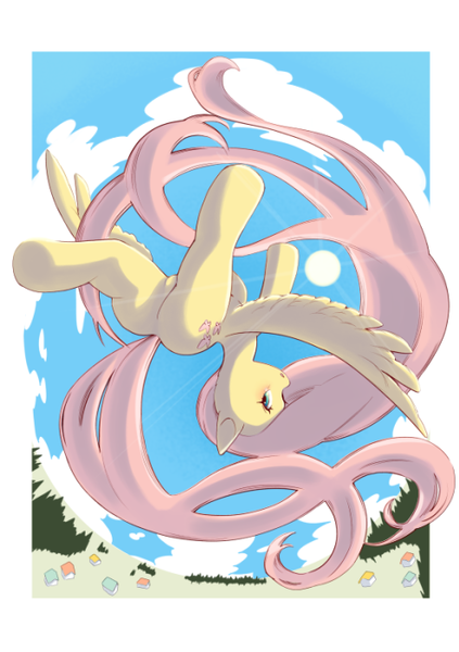 Size: 494x700 | Tagged: safe, artist:unousaya, derpibooru import, fluttershy, pegasus, pony, featureless crotch, female, mare, solo, upside down