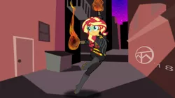 Size: 6830x3840 | Tagged: safe, artist:legendaryspider, derpibooru import, sunset shimmer, equestria girls, alley, alleyway, boots, building, city, cityscape, clothes, commission, female, fiery shimmer, fire, form fitting, gloves, goggles, jacket, pants, safety goggles, shoes, solo, superhero, visor