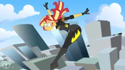 Size: 6830x3840 | Tagged: safe, artist:legendaryspider, derpibooru import, sunset shimmer, equestria girls, boots, building, city, cityscape, clothes, costume, form fitting, gloves, goggles, jacket, leaping, safety goggles, shoes, superhero, visor, windswept hair