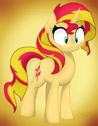 Size: 1939x2500 | Tagged: safe, artist:soctavia, derpibooru import, sunset shimmer, butterfly, pony, unicorn, blushing, butterfly on nose, cute, female, gradient background, insect on nose, mare, shimmerbetes, simple background, solo