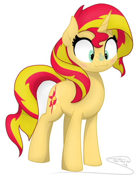 Size: 1939x2500 | Tagged: safe, artist:soctavia, derpibooru import, sunset shimmer, butterfly, pony, unicorn, blushing, butterfly on nose, cute, female, insect on nose, mare, shimmerbetes, simple background, smiling, solo, transparent background, wavy mouth