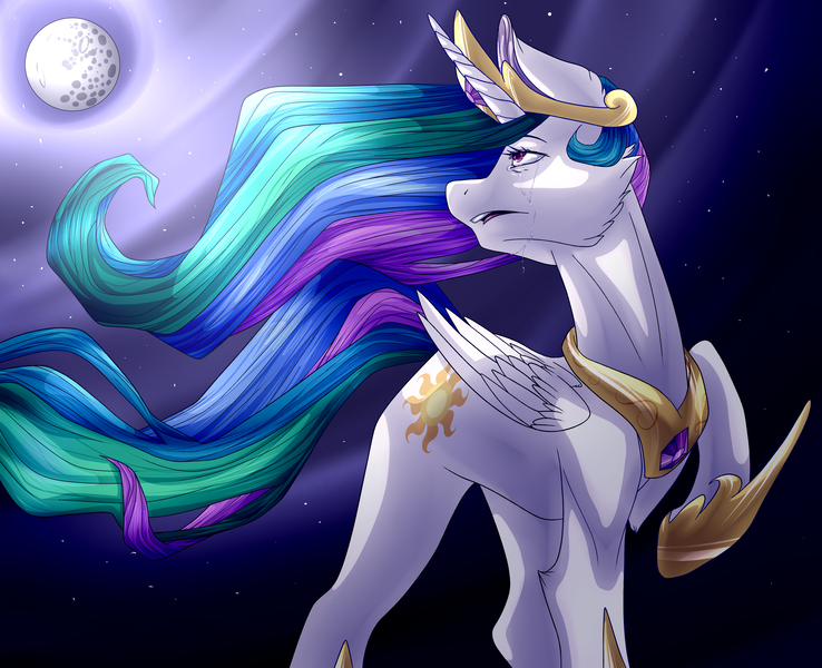 Size: 4000x3253 | Tagged: safe, artist:amenhonestly, artist:siena1923, derpibooru import, princess celestia, alicorn, pony, crying, cutie mark, female, head turn, jewelry, mare, mare in the moon, moon, night, open mouth, raised hoof, regalia, regret, solo, stars, windswept mane