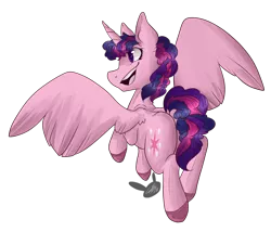 Size: 1024x876 | Tagged: safe, artist:amenhonestly, derpibooru import, pinkie pie, twilight sparkle, twilight sparkle (alicorn), alicorn, pony, commission, commissioner:bigonionbean, cutie mark, female, fusion, mare, open mouth, sidemouth, simple background, solo, spread wings, transparent background, wings