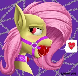 Size: 922x906 | Tagged: suggestive, artist:quakehoof, derpibooru import, fluttershy, bat pony, vampony, ballgag, blushing, bridle, bust, chains, choker, drool, drool string, ear fluff, experiment, fangs, female, femsub, flutterbat, gag, heart, lipstick, looking offscreen, pictogram, race swap, simple background, solo, solo female, submissive, tack