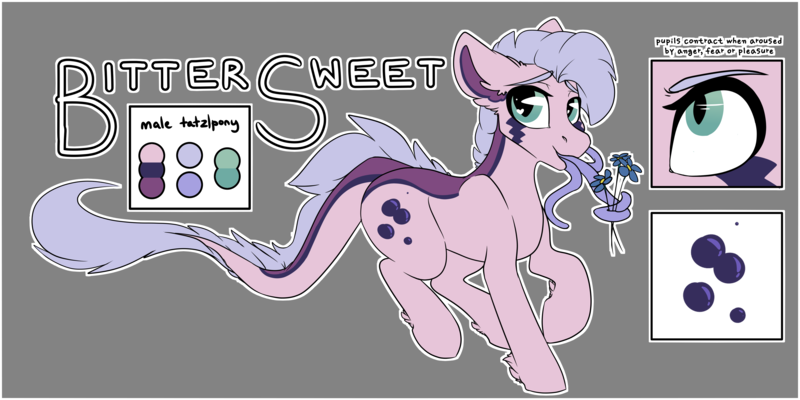 Size: 4000x2000 | Tagged: safe, artist:spoopygander, derpibooru import, oc, oc:bittersweet, unofficial characters only, monster pony, original species, tatzlpony, back hair, cutie mark, ear fluff, feathered fetlocks, flower, looking at you, male, markings, outline, reference sheet, simple background, solo, stallion, tongue out