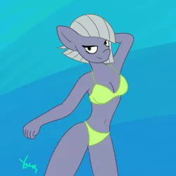 Size: 1024x1024 | Tagged: suggestive, artist:yenchey, derpibooru import, limestone pie, anthro, earth pony, abstract background, arm behind head, breasts, cleavage, clothes, female, fist, looking at you, no tail, signature, solo, standing, swimsuit