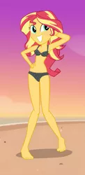 Size: 1441x2960 | Tagged: suggestive, artist:invisibleink, derpibooru import, sunset shimmer, equestria girls, arm behind head, armpits, barefoot, beach, belly button, black underwear, bra, breasts, cleavage, clothes, cloud, commission, feet, female, frilly underwear, full body, hand on hip, ocean, panties, polka dot underwear, pose, sand, showing off, smiling, solo, solo female, sunset, teeth, underwear
