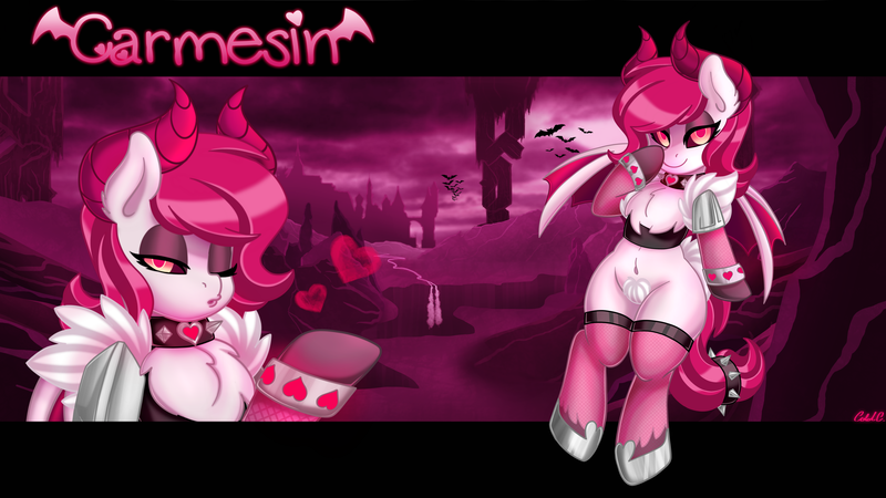 Size: 3840x2160 | Tagged: armor, artist:ciderpunk, choker, clothes, darksynth, demon, demon horns, demon pony, derpibooru import, eyeshadow, fluffy, glow, glowing eyes, horn, jewelry, lips, looking at you, makeup, necklace, neon, oc, oc:carmesin, pantyhose, semi-grimdark, sensual, sexy, spikes, succubus, suggestive, undead, underworld, unofficial characters only