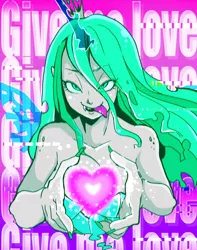 Size: 1000x1272 | Tagged: safe, artist:hobilo, derpibooru import, queen chrysalis, changeling, human, bedroom eyes, crown, fangs, female, fingernails, heart, horn, humanized, jewelry, looking at you, open mouth, regalia, slit eyes, smiling, solo, teeth, text, tongue out, wings