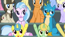 Size: 1024x591 | Tagged: safe, derpibooru import, screencap, apple polish, berry blend, berry bliss, cloverbelle, gallus, golden grove, huckleberry, lemon hearts, november rain, silverstream, stella nova, unnamed pony, classical hippogriff, gryphon, hippogriff, pegasus, pony, unicorn, the washouts (episode), background pony, background pony audience, cropped, female, friendship student, male, mare, raised hoof, shipping fuel, stallion