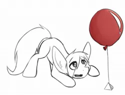 Size: 1031x784 | Tagged: safe, artist:ponballoon, deleted from derpibooru, derpibooru import, oc, oc:jenny, unofficial characters only, earth pony, pony, balloon, cute, cute little fangs, fangs, female, heart eyes, long ears, mare, open mouth, sketch, solo, weight, wingding eyes