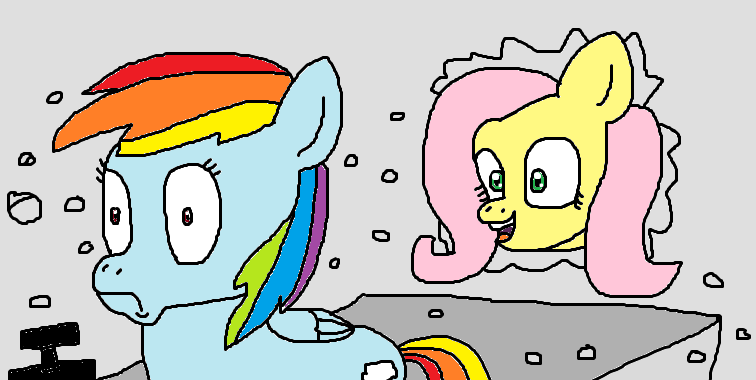 Size: 756x380 | Tagged: artist:logan jones, behaving like pinkie pie, boat, cash register, crashing, derpibooru import, fear of a krabby patty, female, fluttershy, happy, head through wall, krusty krab, out of character, rainbow dash, safe, shocked, spongebob squarepants, startled, wall