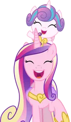 Size: 3000x5121 | Tagged: safe, artist:cloudyglow, derpibooru import, princess cadance, princess flurry heart, alicorn, pony, road to friendship, baby, baby pony, cheering, cute, cutedance, eyes closed, female, flurrybetes, hoof shoes, mare, mother and daughter, open mouth, pony hat, raised hoof, simple background, transparent background, vector
