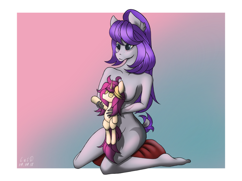 Size: 2000x1500 | Tagged: suggestive, artist:catd-nsfw, derpibooru import, oc, oc:mill, unofficial characters only, anthro, earth pony, pony, unicorn, anthro oc, anthro with ponies, breasts, button, doll, female, freckles, gradient background, nudity, signature, solo, solo female, toy