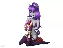 Size: 2000x1500 | Tagged: suggestive, artist:catd-nsfw, derpibooru import, oc, oc:mill, unofficial characters only, anthro, earth pony, pony, unicorn, anthro oc, anthro with ponies, breasts, button, clothes, doll, female, freckles, nudity, signature, simple background, socks, solo, solo female, thigh highs, toy, white background