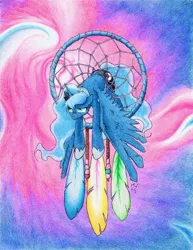 Size: 1255x1629 | Tagged: safe, artist:philo5, derpibooru import, princess luna, alicorn, pony, abstract background, beads, dream walker luna, dreamcatcher, feather, female, luna is not amused, mare, solo, stuck, traditional art, trapped, unamused