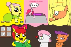 Size: 1271x852 | Tagged: apple bloom, applejack, appunzel, artist:logan jones, book, cinderella, cindershy, cutie mark crusaders, derpibooru import, episode idea, fluttershy, lightning, pinkie pie, rain, rapunzel, reading, safe, scootaloo, scootaloo is not amused, sleeping beauty, sleeping pinkie, sweetie belle, unamused, window