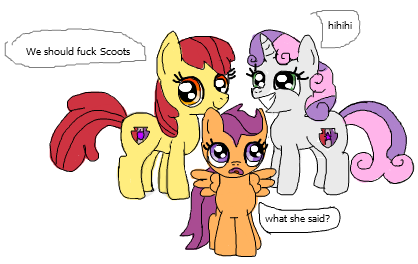 Size: 418x264 | Tagged: apple bloom, artist:platinumdrop, cutie mark crusaders, derpibooru import, dialogue, flockmod, imminent sex, implied foalcon, scootaloo, simple background, speech bubble, suggestive, sweetie belle, vulgar, white background