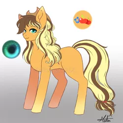 Size: 768x768 | Tagged: safe, artist:malinraf1615, derpibooru import, oc, oc:lyli, unofficial characters only, earth pony, pony, cowboy hat, female, gradient background, hat, mare, offspring, parent:applejack, parent:caramel, parents:carajack, reference sheet, solo, stetson