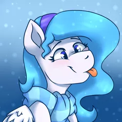 Size: 750x750 | Tagged: safe, artist:laydeekaze, derpibooru import, oc, oc:snow-wing, unofficial characters only, pegasus, pony, catching snowflakes, clothes, headband, scarf, smiling, snow, snowfall, tongue out