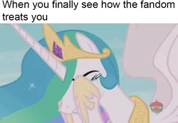 Size: 787x544 | Tagged: safe, derpibooru import, edit, edited screencap, screencap, princess celestia, alicorn, pony, a royal problem, bronybait, caption, celestia defence, crying, female, hoof shoes, meme, meta, mouthpiece, op has a point, op is right, pony needs a hug, reaction to own portrayal, sad, treehouse logo