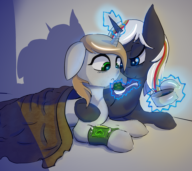 Size: 2000x1782 | Tagged: safe, artist:mistleinn, derpibooru import, oc, oc:littlepip, oc:velvet remedy, unofficial characters only, pony, unicorn, fallout equestria, fanfic, blanket, duo, fanfic art, female, floppy ears, food, glowing horn, heart, hooves, horn, hug, levitation, lying down, magic, mare, pipbuck, simple background, spoon, telekinesis, tin can