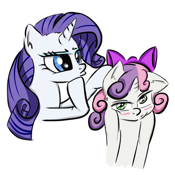 Size: 900x901 | Tagged: safe, artist:rurihal, derpibooru import, rarity, sweetie belle, pony, unicorn, blushing, cute, diasweetes, duo, ear fluff, female, simple background, sisters, white background