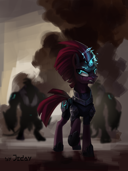 Size: 1500x2000 | Tagged: safe, artist:jedayskayvoker, derpibooru import, tempest shadow, pony, unicorn, my little pony: the movie, angry, armor, broken horn, commander, electricity, eye scar, female, lieutenant, magic, mare, scar, storm guard