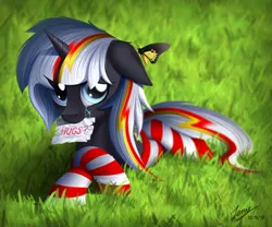 Size: 3000x2500 | Tagged: safe, artist:duskie-06, derpibooru import, oc, oc:velvet remedy, unofficial characters only, butterfly, pony, unicorn, fallout equestria, fanfic, clothes, crying, cute, cutie mark, fanfic art, female, floppy ears, flower, grass, hooves, horn, hug request, looking at you, lying down, mare, mouth hold, paper, sign, signature, socks, solo, striped socks, sunflower, text