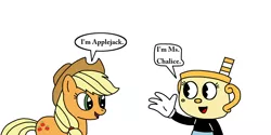 Size: 1600x800 | Tagged: safe, artist:marcospower1996, artist:mega-shonen-one-64, derpibooru import, applejack, earth pony, pony, crossover, cuphead, dialogue, meeting, ms. chalice, simple background, studio mdhr, white background