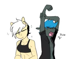 Size: 705x565 | Tagged: anthro, anthro oc, artist:redxbacon, breasts, clothes, derpibooru import, eyes closed, female, oc, oc:jade shine, oc:note clip, open mouth, safe, shirt, simple background, tired, unofficial characters only, white background, yawn