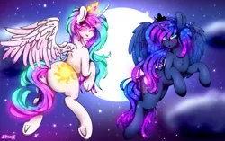 Size: 3103x1944 | Tagged: alicorn, alternate version, artist:aaa-its-spook, blushing, cloud, cloudy, derpibooru import, eyeshadow, female, flying, glowing cutie mark, glowing eyes, glowing mane, horn, lipstick, looking at you, makeup, moon, night, princess celestia, princess luna, safe, sparkly mane, stars, sunbutt, underhoof, wings