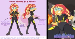 Size: 2424x1280 | Tagged: safe, artist:succubi samus, derpibooru import, sunset shimmer, equestria girls, bodysuit, bunset shimmer, clothes, equestrian city, female, fiery shimmer, fire, front view, jacket, leather jacket, low angle, pose, pyrokinesis, reference sheet, smugset shimmer, swiggity swooty